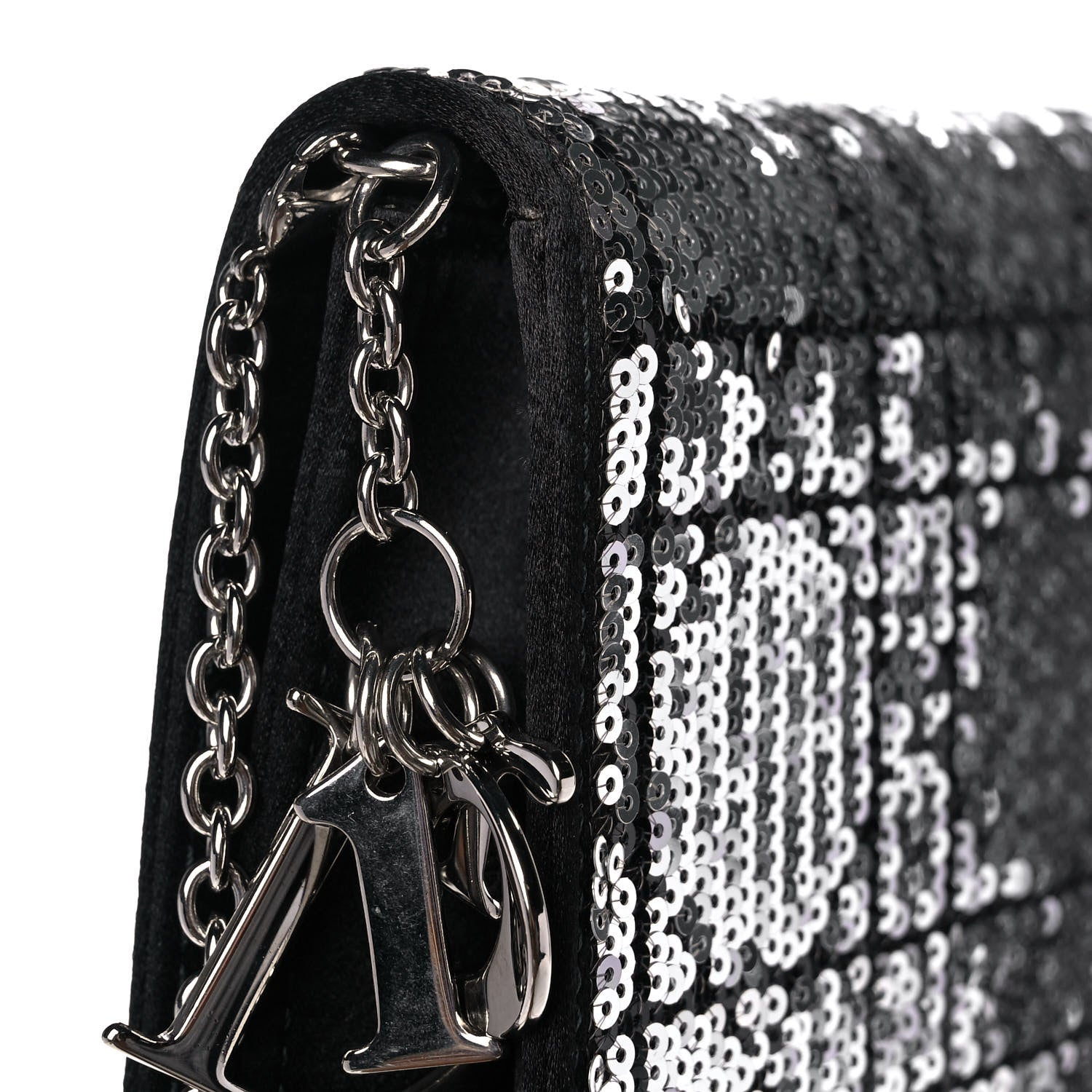 Christian Dior Satin Sequin Cannage Rendezvous Chain Wallet Black Multicolor 13 of 14