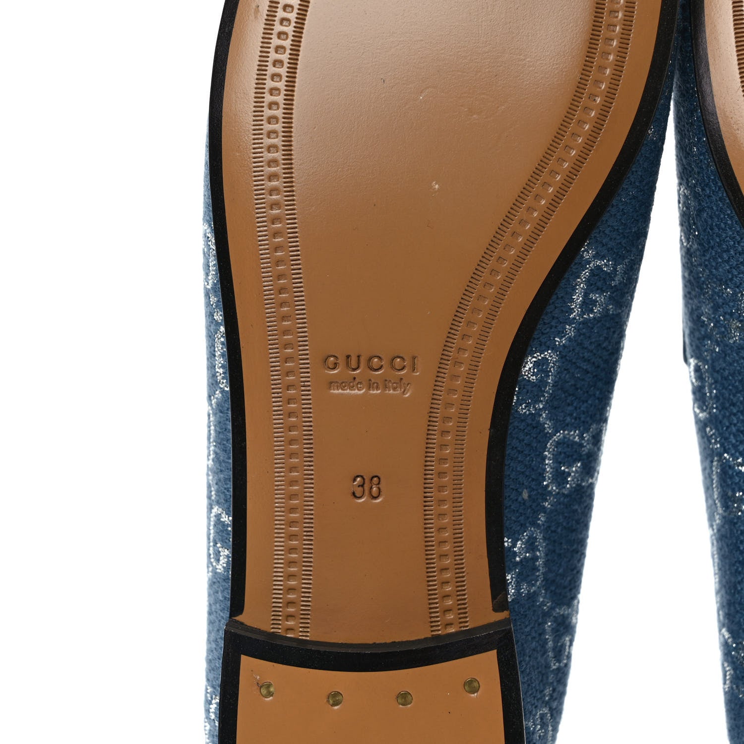 Gucci Canvas Lame GG Monogram Horsebit Womens Jordaan Loafers 38 Blue Silver Cornflower Blue 6 of 8