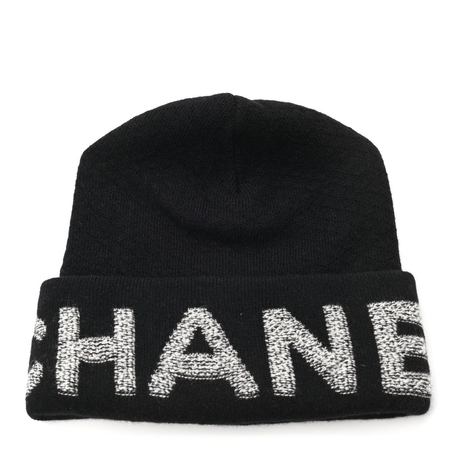 Chanel Wool Cashmere Logo Beanie Hat Black Light Grey 1 of 4