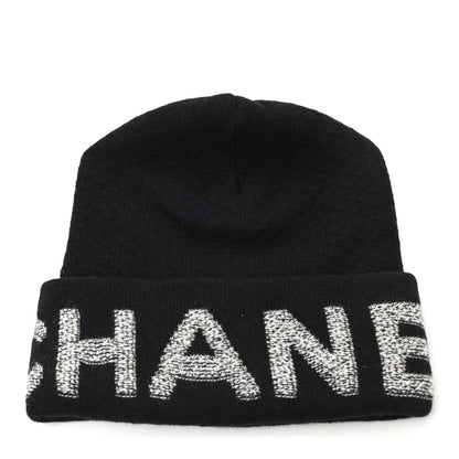 Chanel Wool Cashmere Logo Beanie Hat Black Light Grey 1 of 4