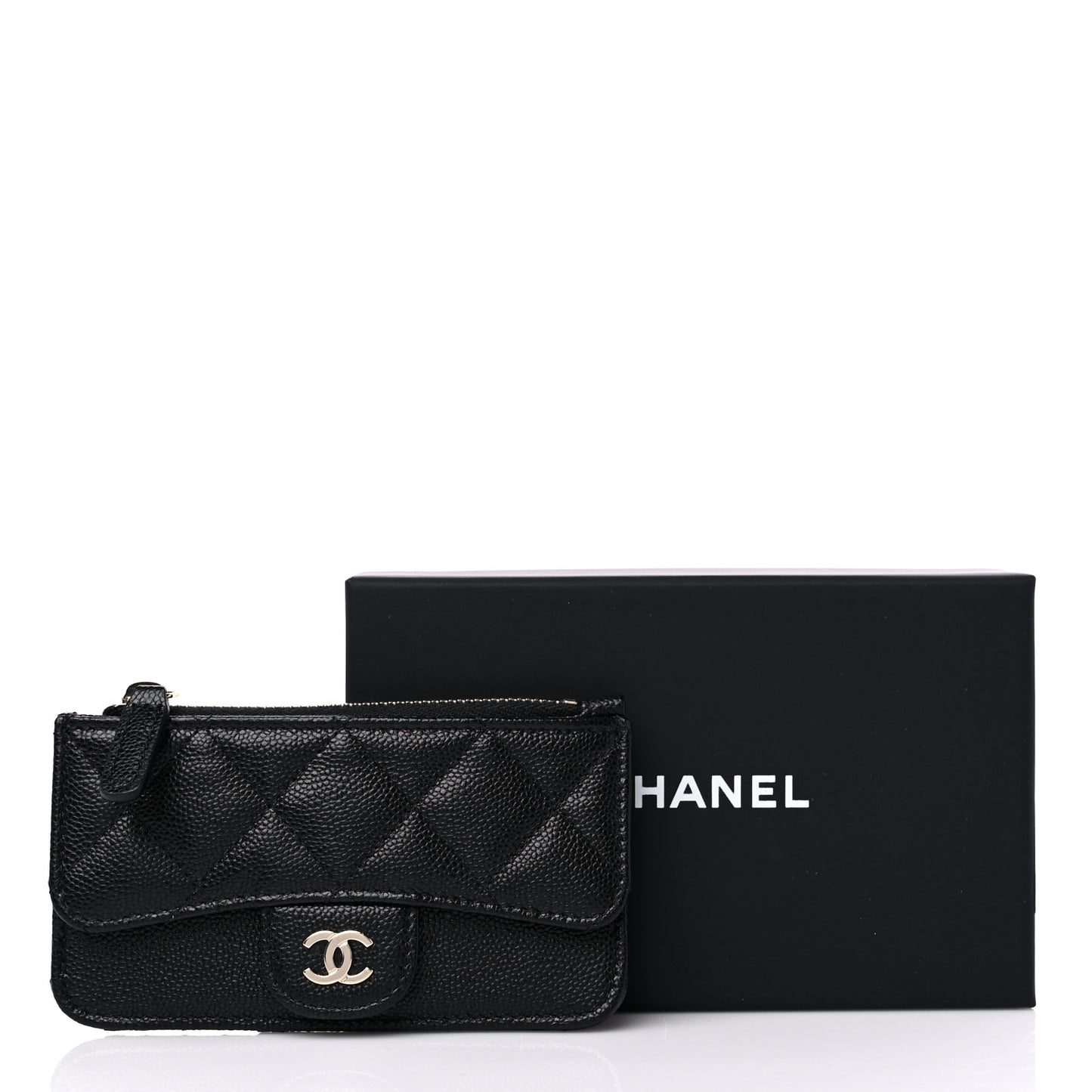 Caviar Quilted Flap Zip Card Holder Black