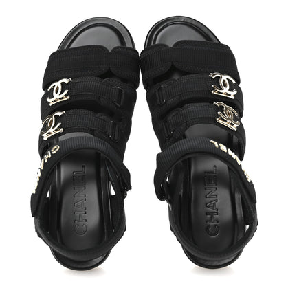 Chanel Fabric Metal CC Logo Flat Sandals 36.5 Black 2 of 13