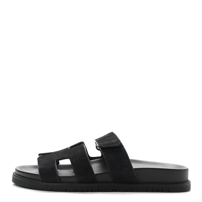 Hermes Suede Goatskin Womens Chypre Sandals 37.5 Black 1 of 7