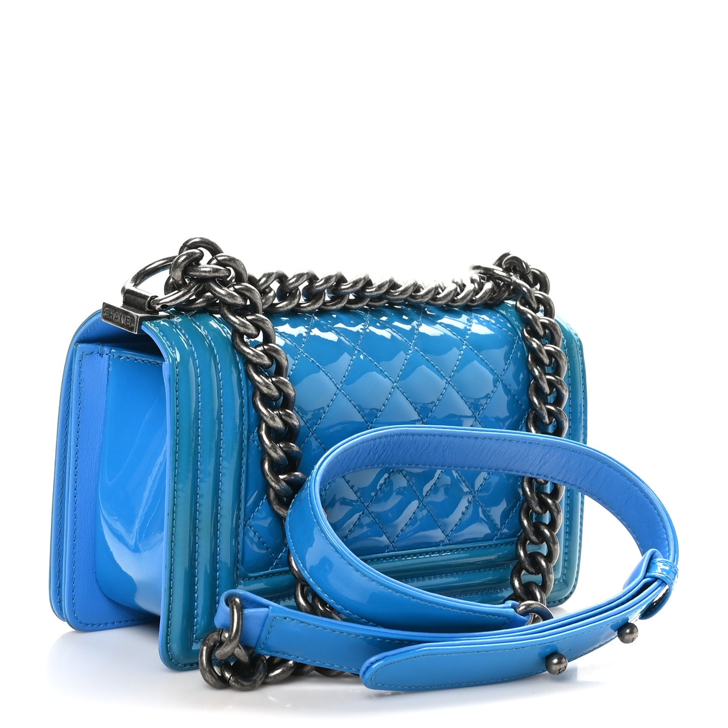 Patent Calfskin Quilted Small Boy Flap Blue