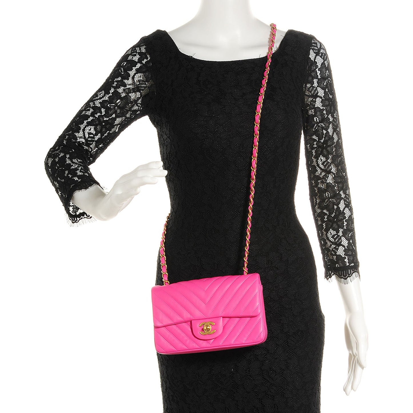 Lambskin Chevron Quilted Mini Rectangular Flap Fuchsia