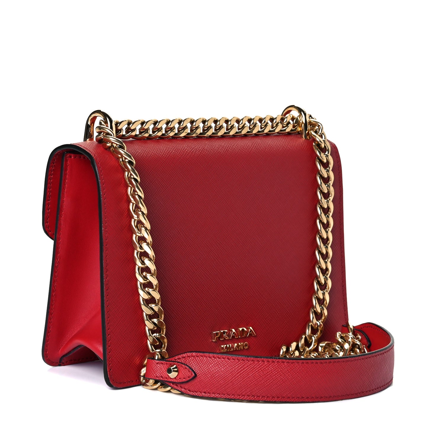 Saffiano Soft Calfskin Metal Triangle Logo Envelope Chain Shoulder Bag Fuoco