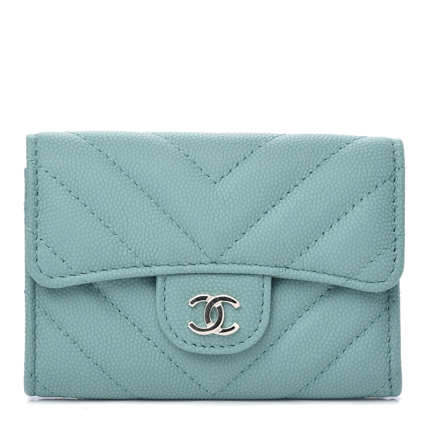 Caviar Chevron Quilted Card Holder Wallet Turquoise