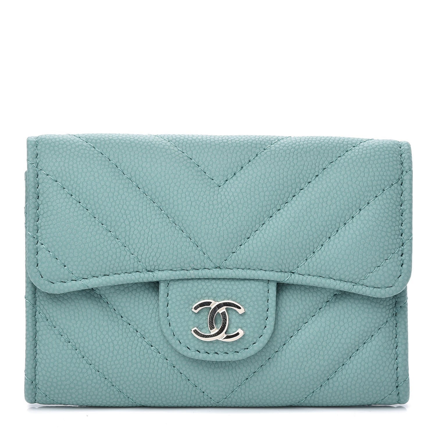 Chanel Caviar Chevron Quilted Card Holder Wallet Turquoise 1 of 10