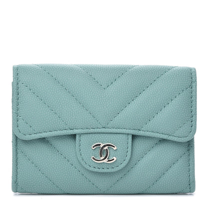 Chanel Caviar Chevron Quilted Card Holder Wallet Turquoise 1 of 10