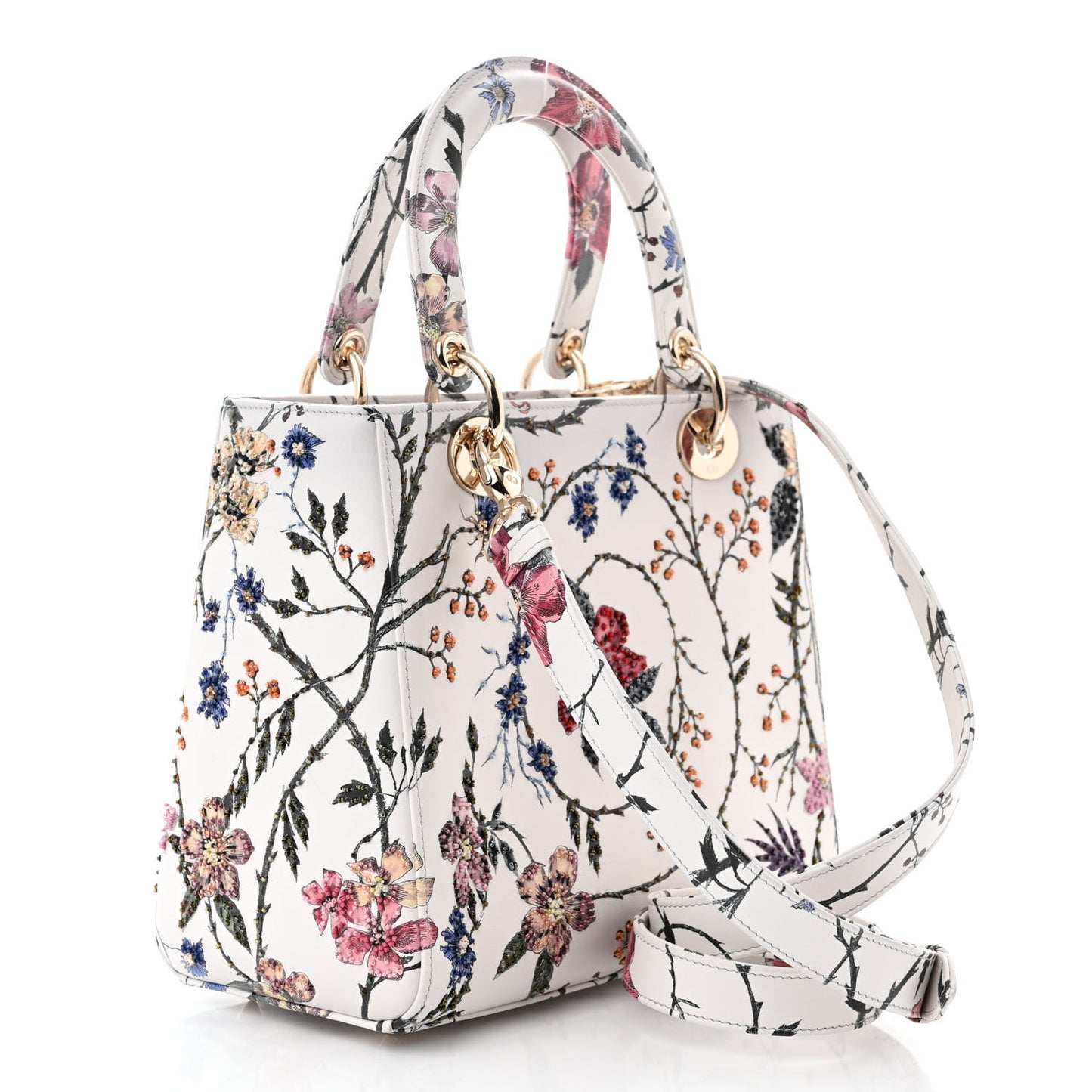 Calfskin Rosa Mutabilis Embroidered Medium Lady Dior White Multicolor