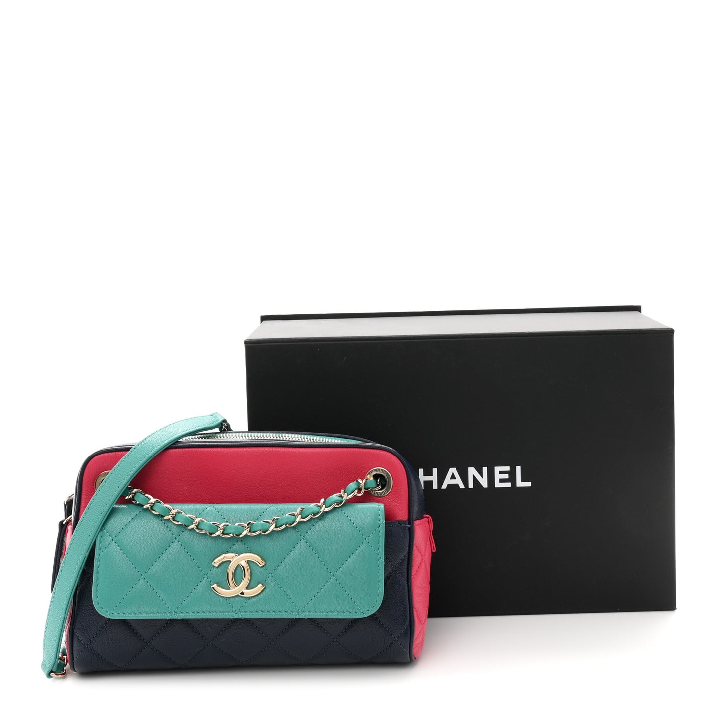 Goatskin Quilted Tri-Color Small In & Out Camera Case Navy Turquoise Pink