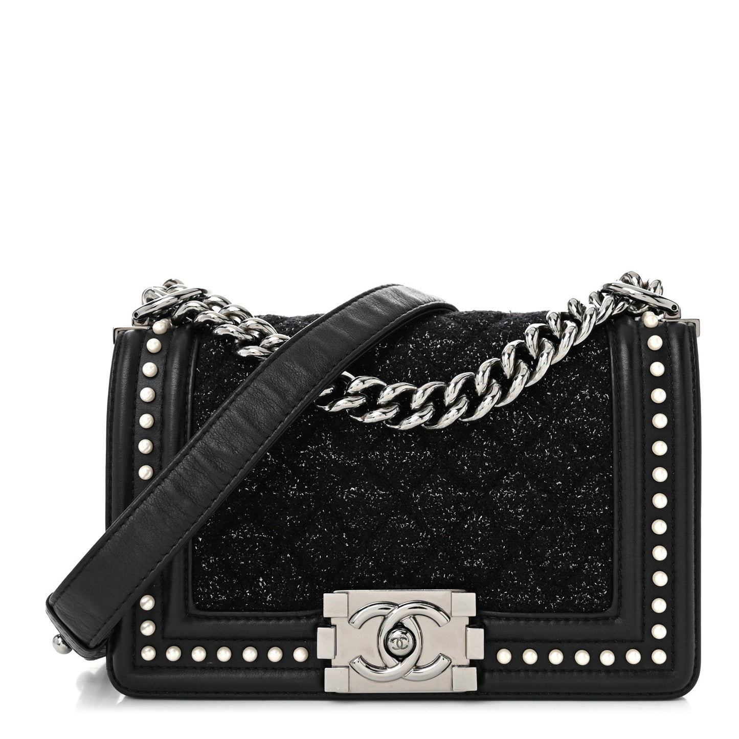 Calfskin Pearl Tweed Small Boy Flap Black