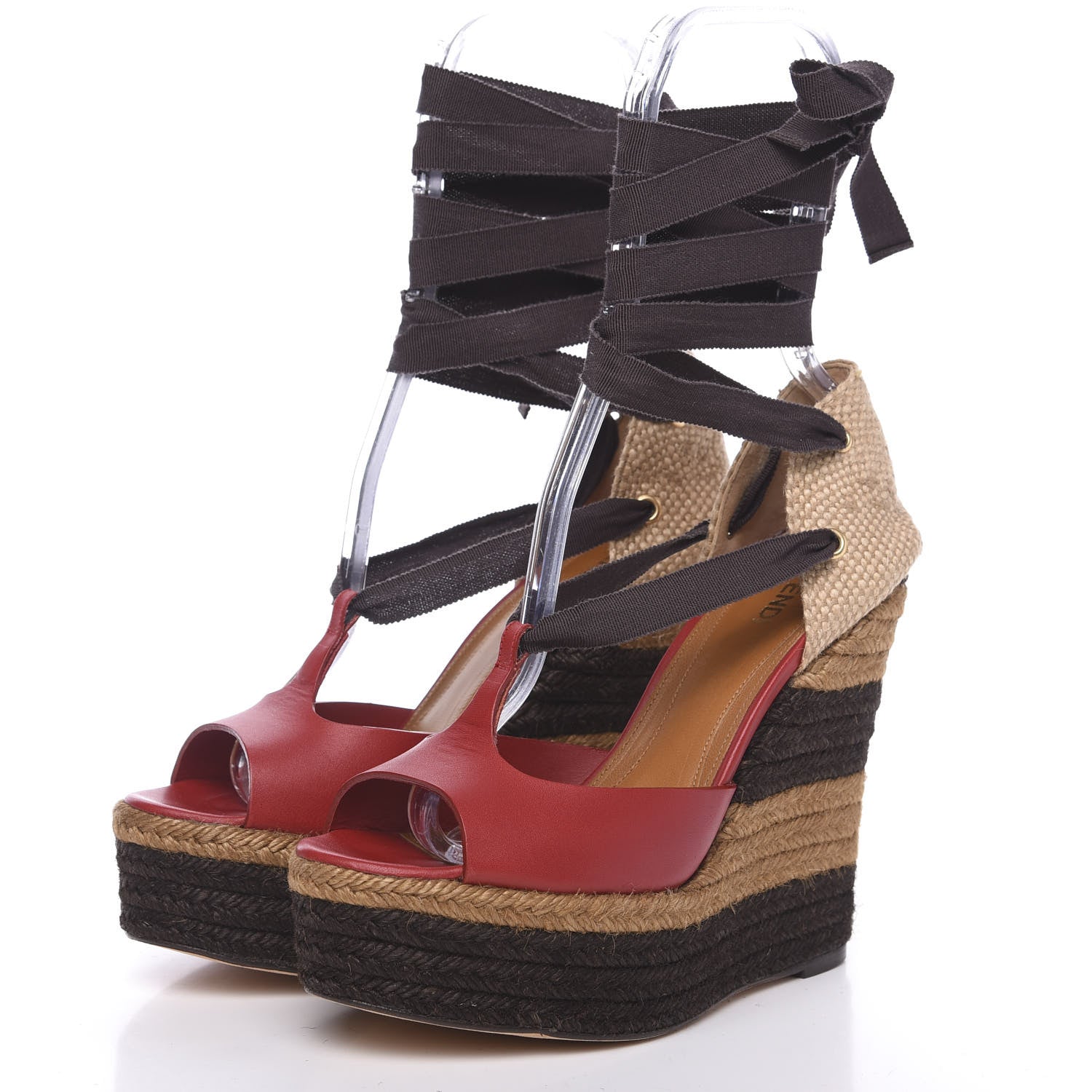 Fendi Vachetta Jute Nastro Espadrille Wedge Sandals 37.5 Rosso Moro 3 of 8