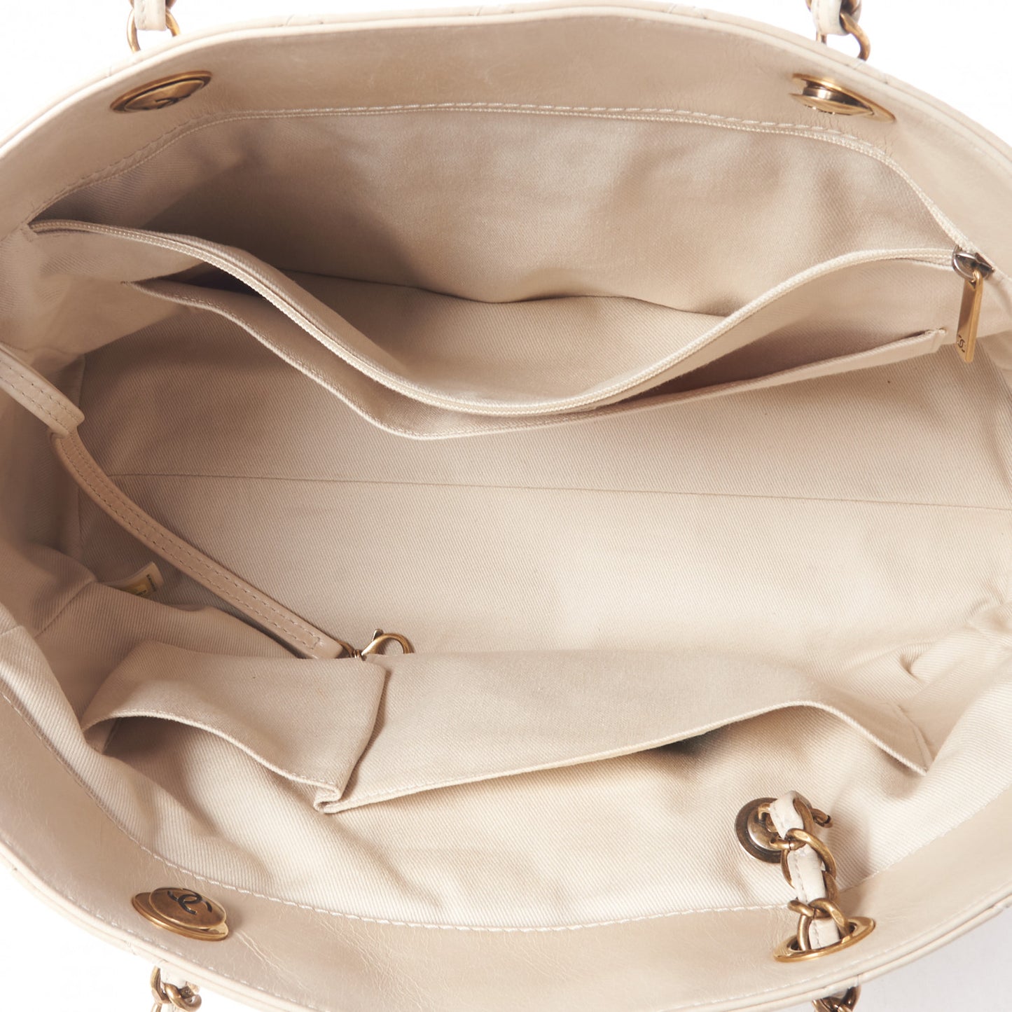 Glazed Calfskin Quilted Large Front Pocket Tote Beige