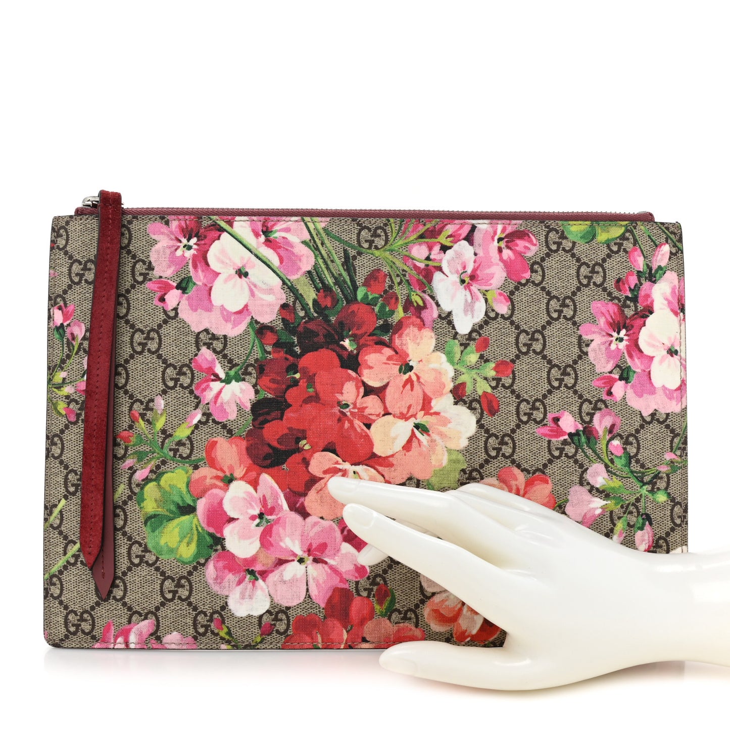 GG Supreme Monogram Blooms Suede Large Zip Pouch Beige Multicolor Dry Rose