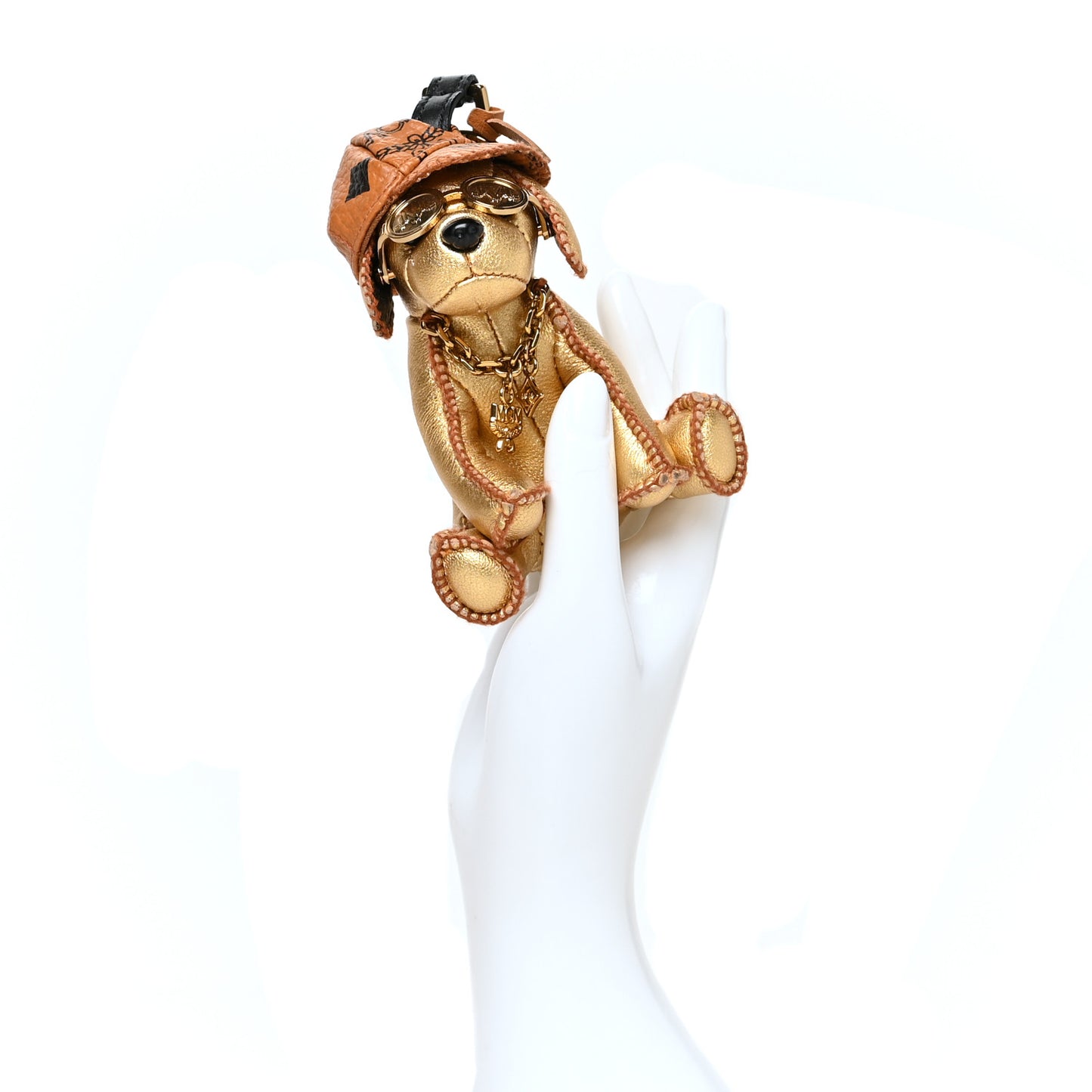 Metallic Visetos Dog Key Ring Bag Charm Gold Cognac