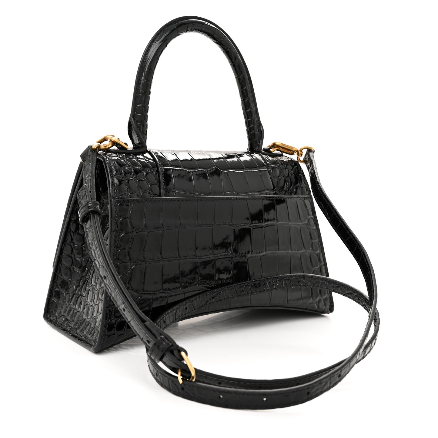 Shiny Calfskin Crocodile Embossed Small Hourglass Top Handle Bag Black