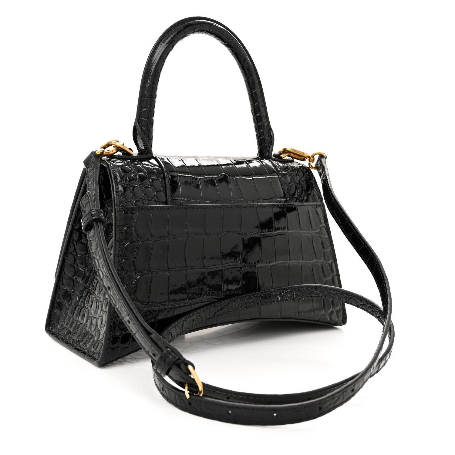 Balenciaga Shiny Calfskin Crocodile Embossed Small Hourglass Top Handle Bag Black 3 of 13