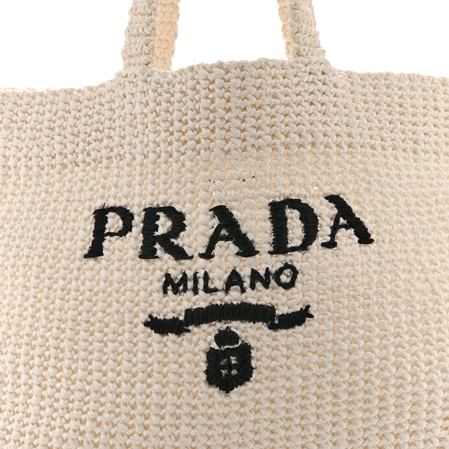 Yarn Raffia Effect Crochet Embroidered Large Logo Tote White