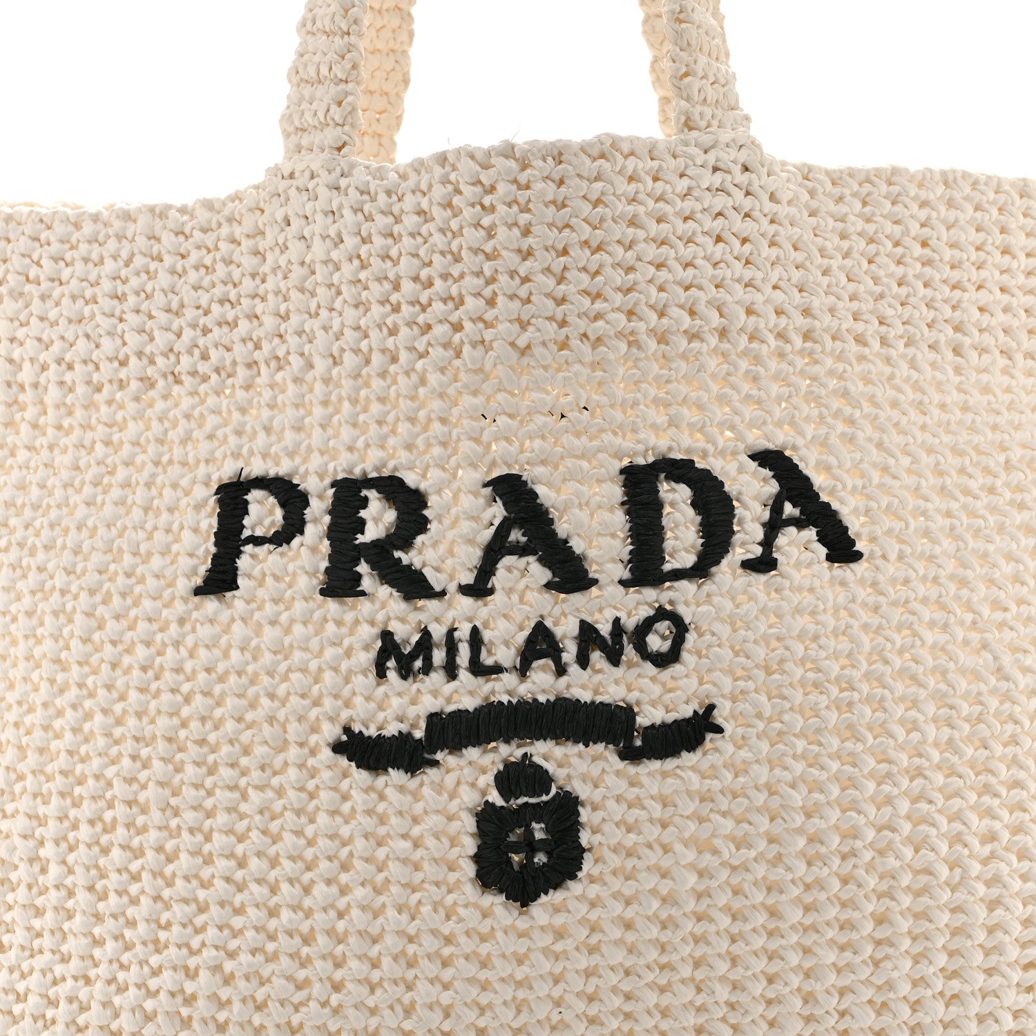 Prada Yarn Raffia Effect Crochet Embroidered Large Logo Tote White 8 of 10