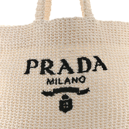 Prada Yarn Raffia Effect Crochet Embroidered Large Logo Tote White 8 of 10