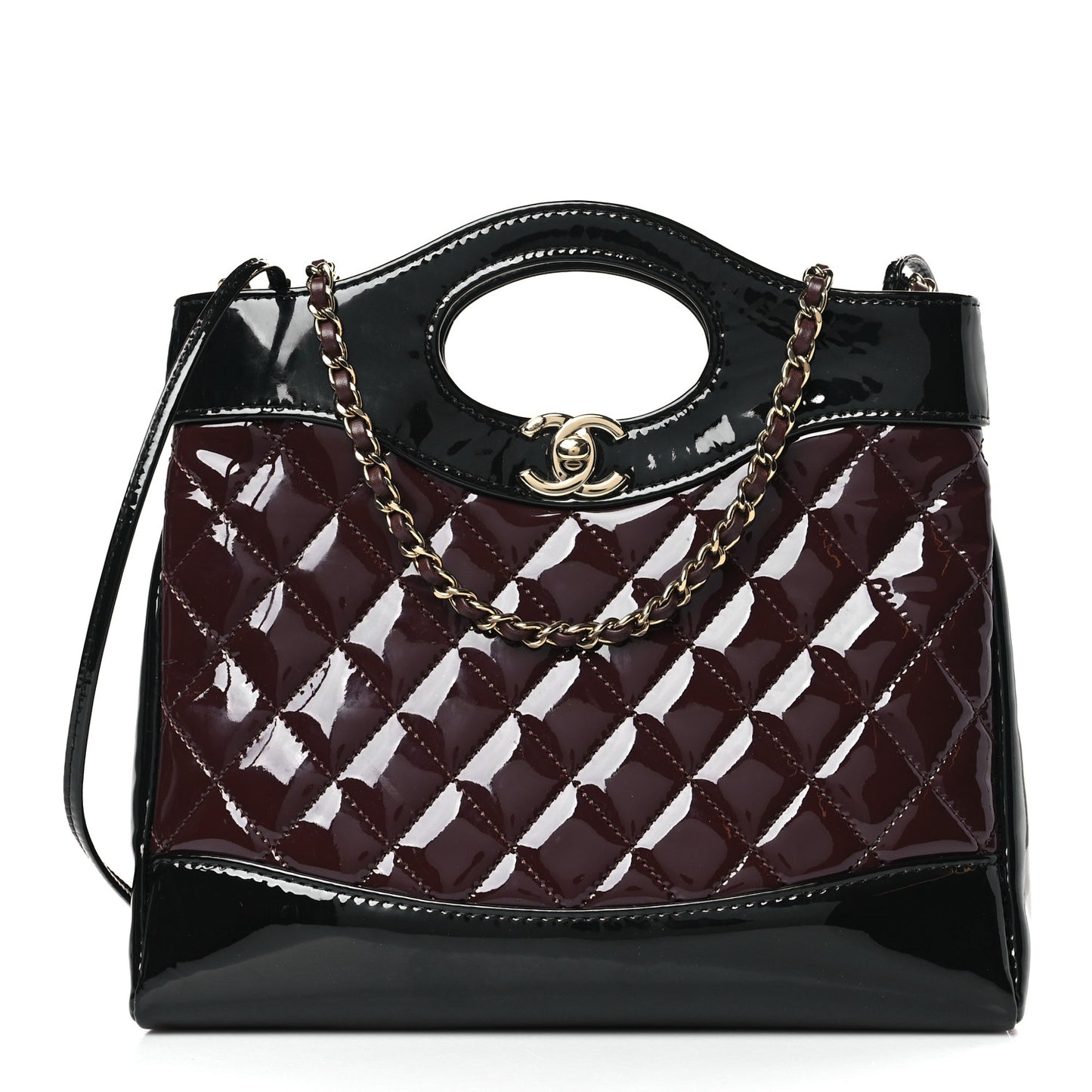 Patent Calfskin Quilted Mini 31 Shopping Bag Burgundy Black