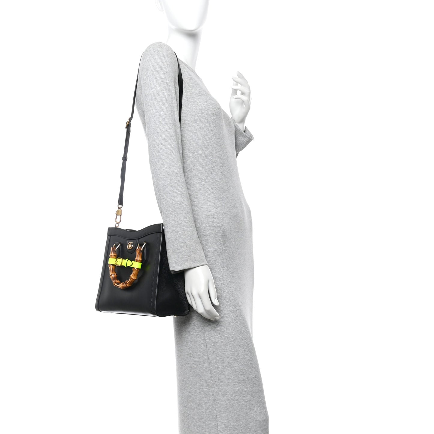 Calfskin Small Diana Tote Bag Black Yellow Fluo