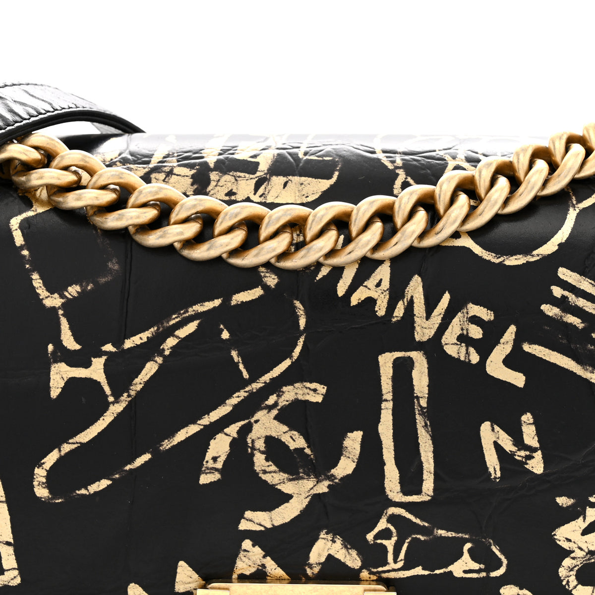 Calfskin Crocodile Embossed Graffiti Cocodile Medium Boy Flap Black