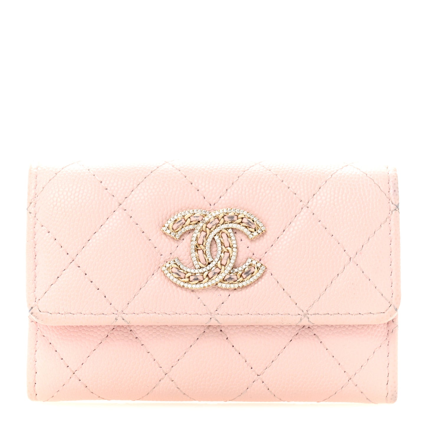 Caviar Quilted Crystal CC Flap Card Holder Pink