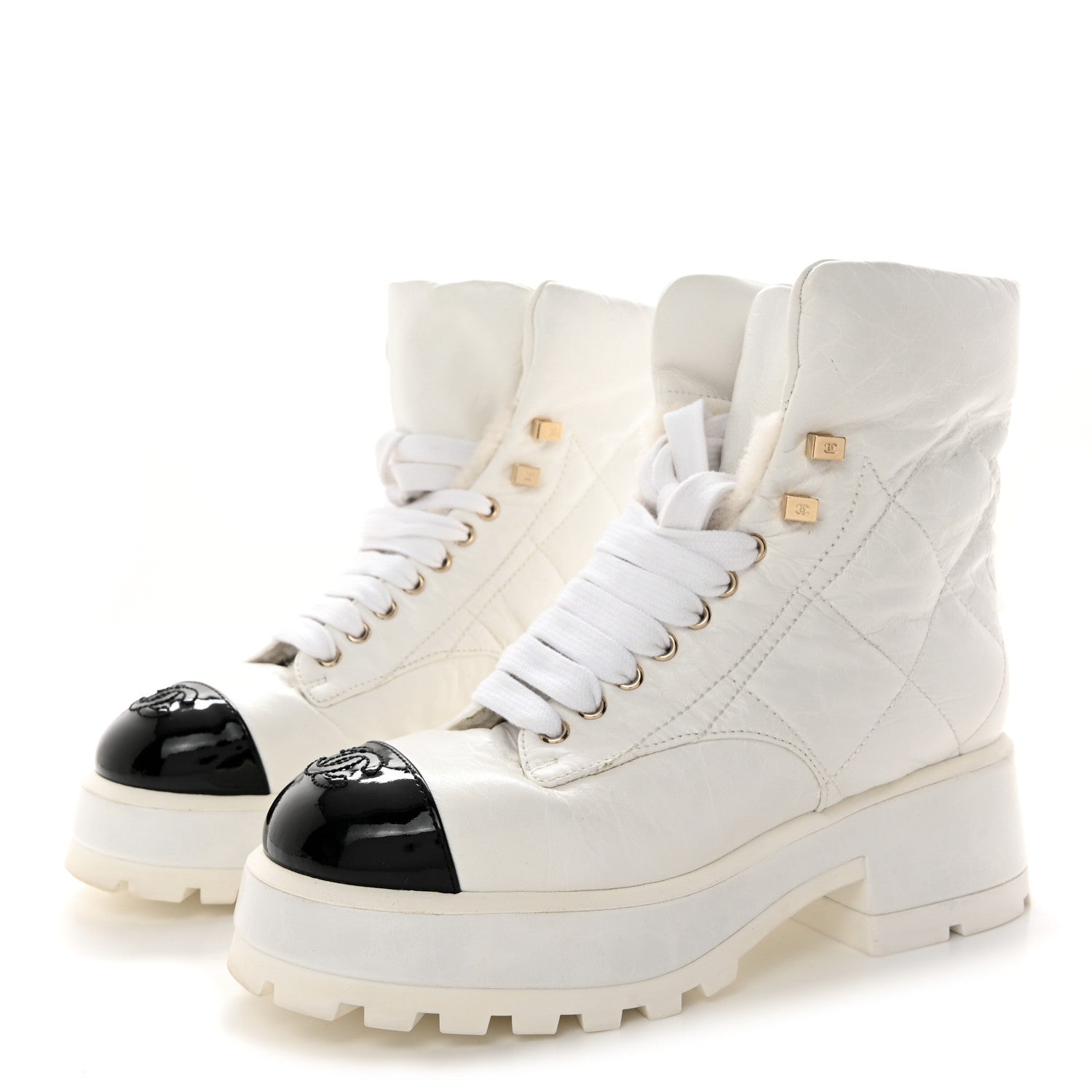 Chanel Crumpled Patent Lambskin Calfskin Quilted Lace Up Combat Boots 37 White Black 3 of 11