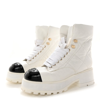Chanel Crumpled Patent Lambskin Calfskin Quilted Lace Up Combat Boots 37 White Black 3 of 11