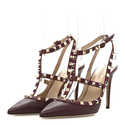 Valentino Garavani Pebbled Calfskin Rockstud Ankle Strap Pumps 38 Rubino 4 of 11