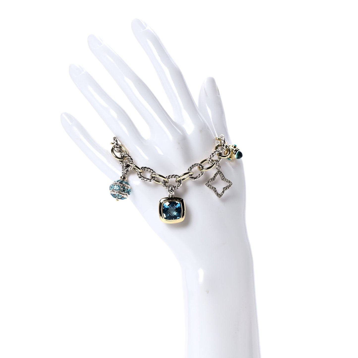 Sterling Silver 18K Yellow Gold Diamond Blue Topaz Turquoise 25th Anniversary Charm Bracelet
