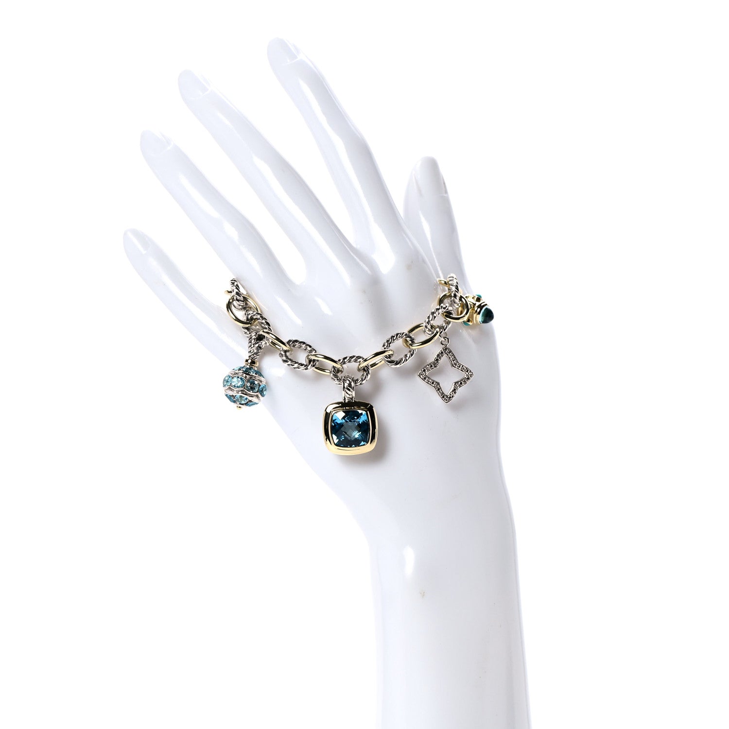 David Yurman Sterling Silver 18K Yellow Gold Diamond Blue Topaz Turquoise 25th Anniversary Charm Bracelet 2 of 8