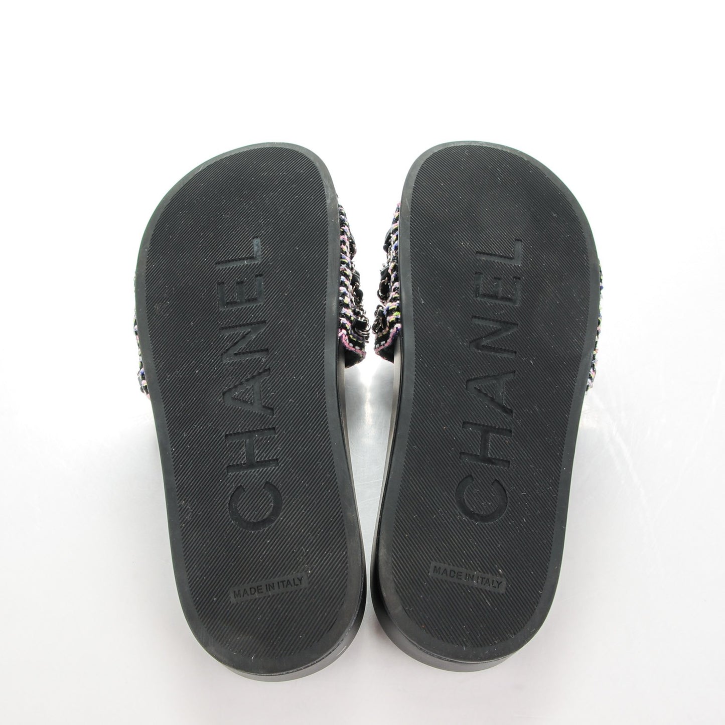 Tweed Lambskin Chain Flat Sandals 39 Black Multicolor