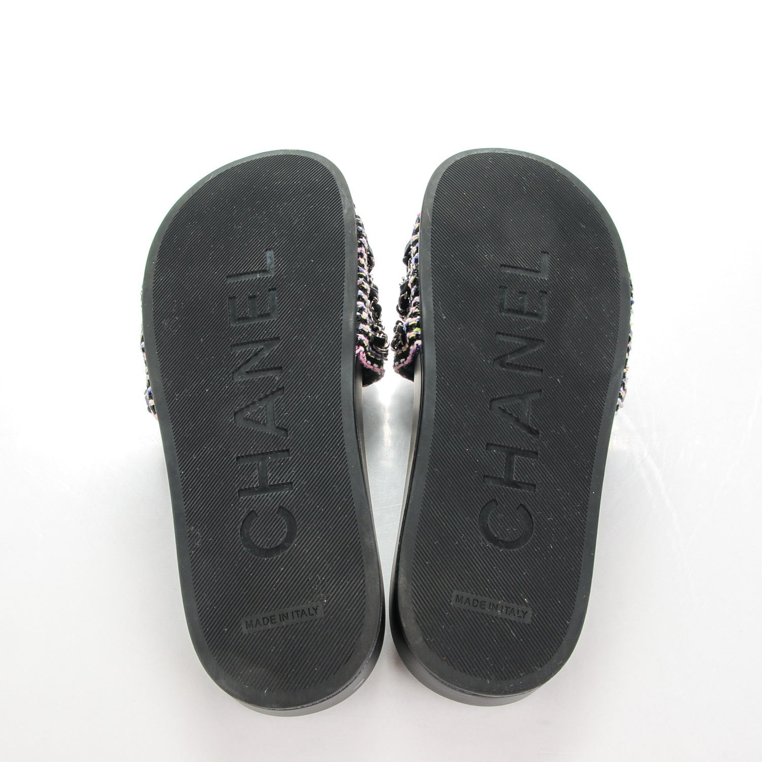 Chanel Tweed Lambskin Chain Flat Sandals 39 Black Multicolor 5 of 9