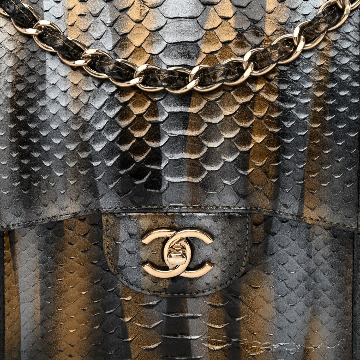 Chanel Metallic Snakeskin Jumbo Double Flap Black Gold Grey 8 of 12