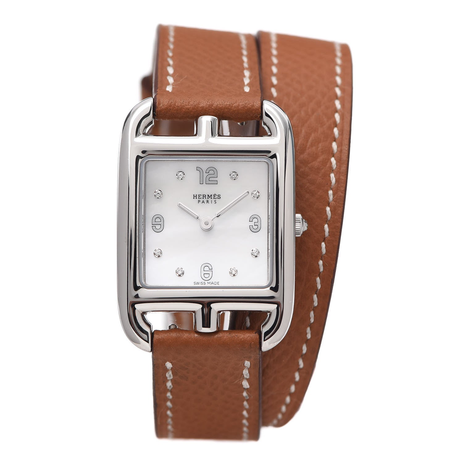 Hermes Stainless Steel Epsom Diamond Mother of Pearl 23mm Cape Cod Double Tour Quartz Watch Gold 1 of 4