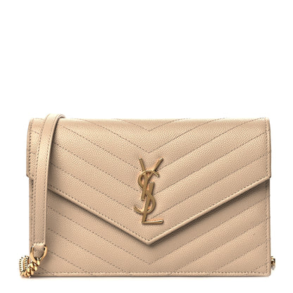 Saint Laurent Grain De Poudre Matelasse Chevron Monogram Envelope Chain Wallet Taupe 2 of 10