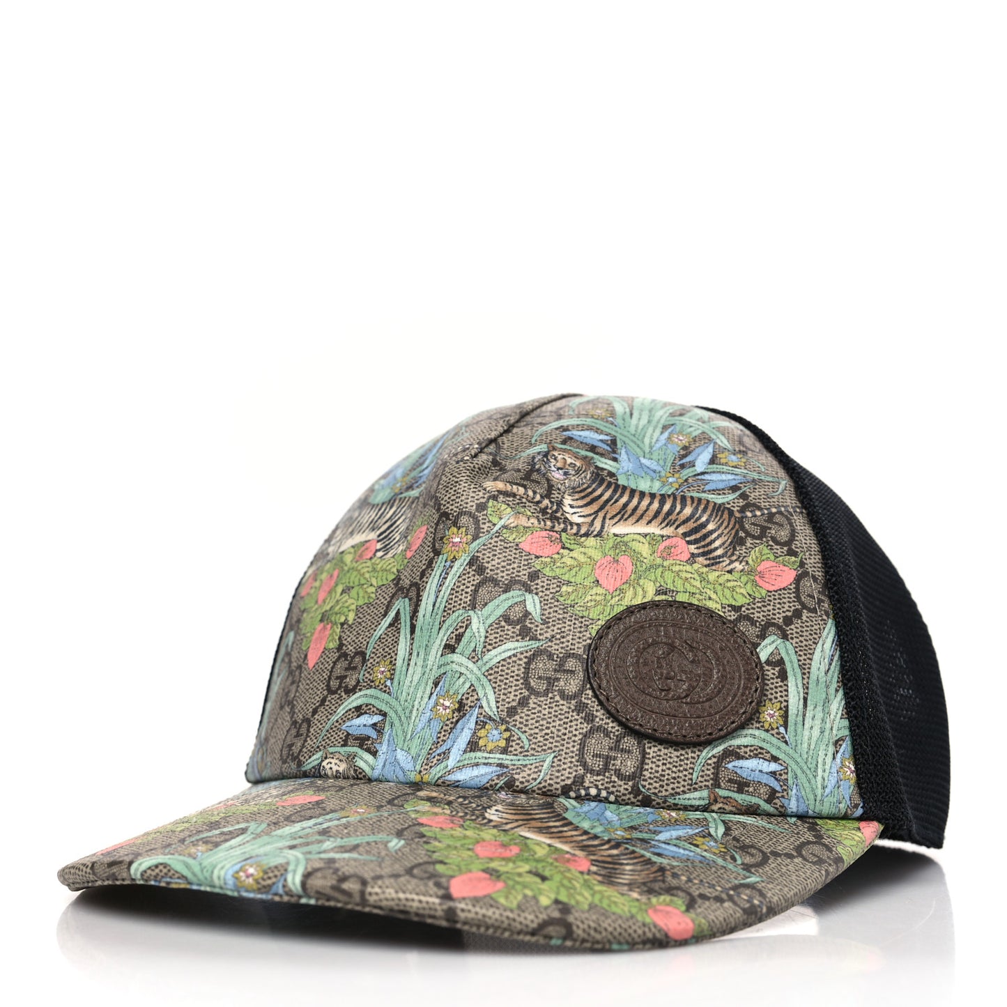 GG Supreme Monogram Tiger Savanah Textured Dollar Calfskin Retro Interlocking G Mesh Baseball Hat S Beige Ebony Multicolor