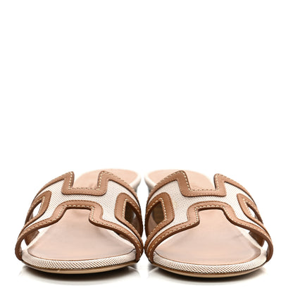Hermes Calfskin Canvas Oasis Sandals 35 Noisette Beige Dore 2 of 9
