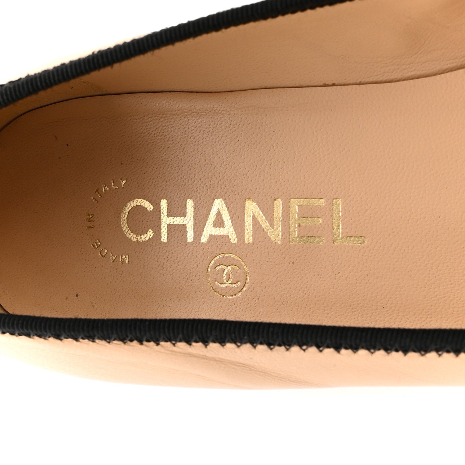 Chanel Lambskin Grossgrain Cap Toe Chain CC Flats 39 Beige Black