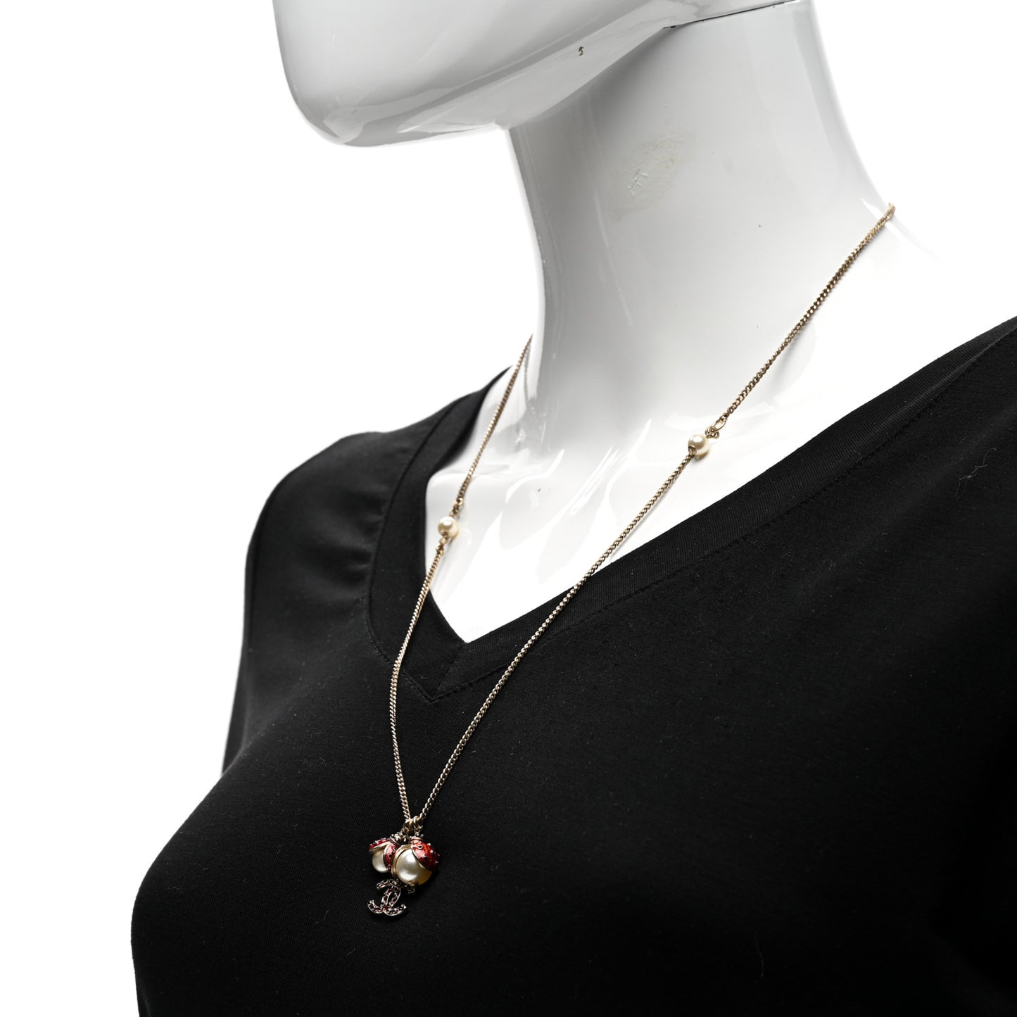 Enamel Pearl CC Ladybug Necklace Gold Red