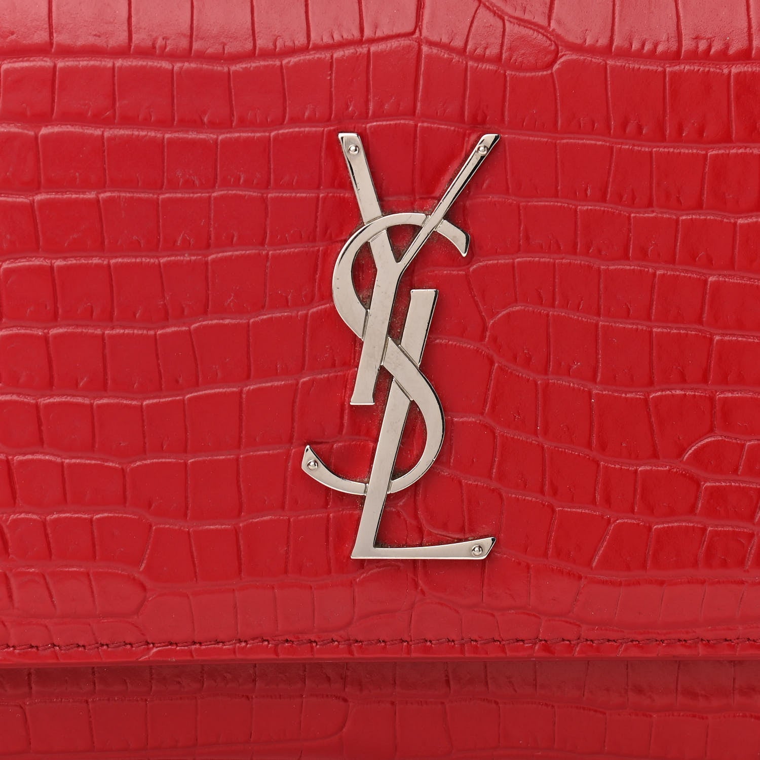 Saint Laurent Calfskin Crocodile Embossed Monogram Sunset Chain Wallet Rouge Eros 7 of 10