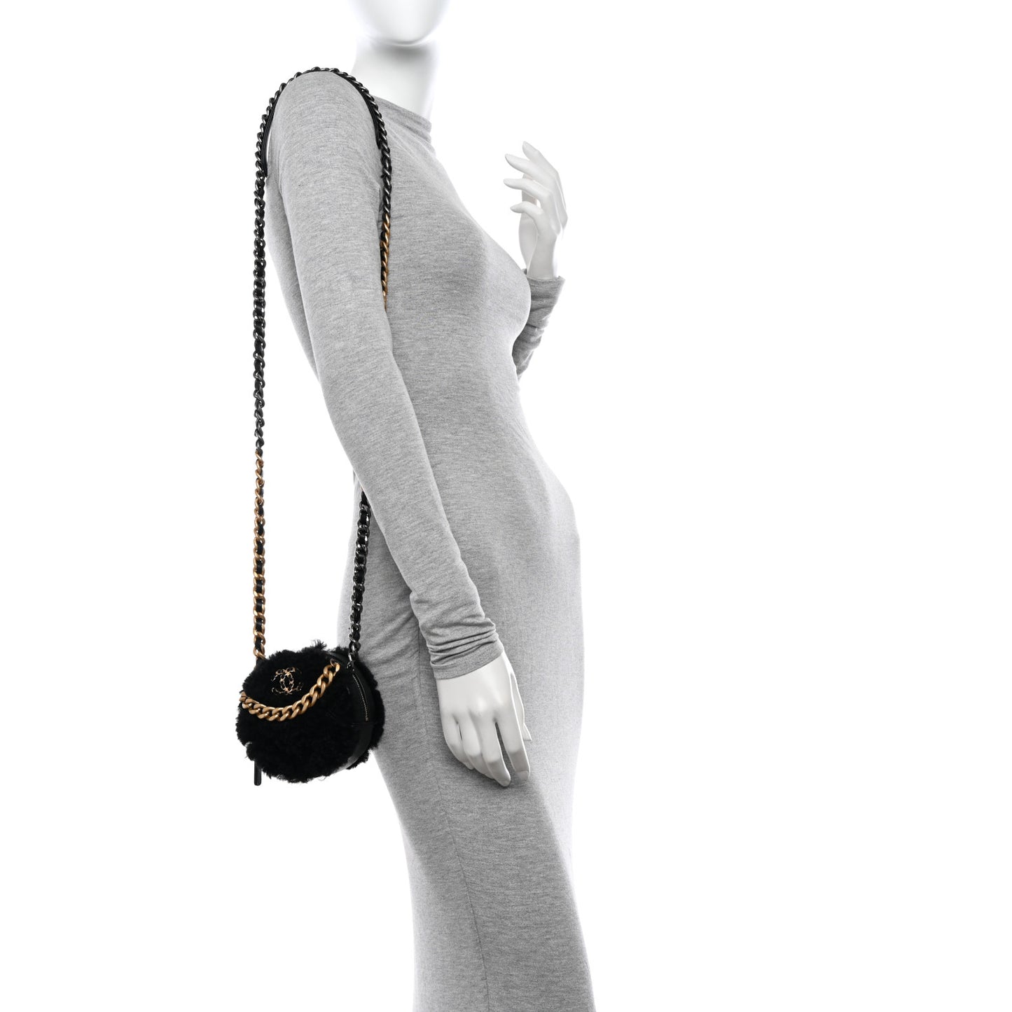 Shearling Sheepskin Chanel 19 Round Clutch With Chain Black