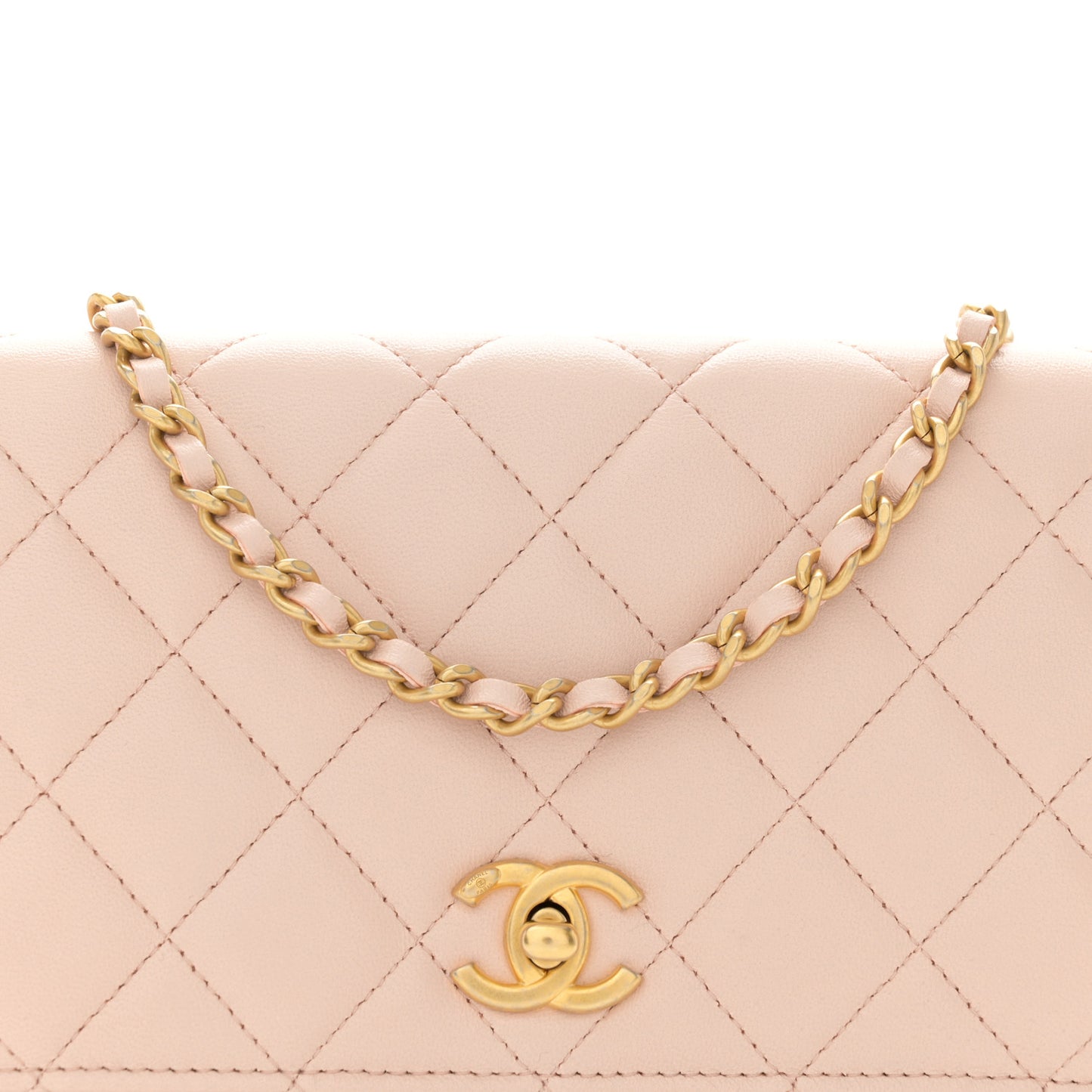 Lambskin Quilted CC Pearl Crush Wallet on Chain WOC Light Beige