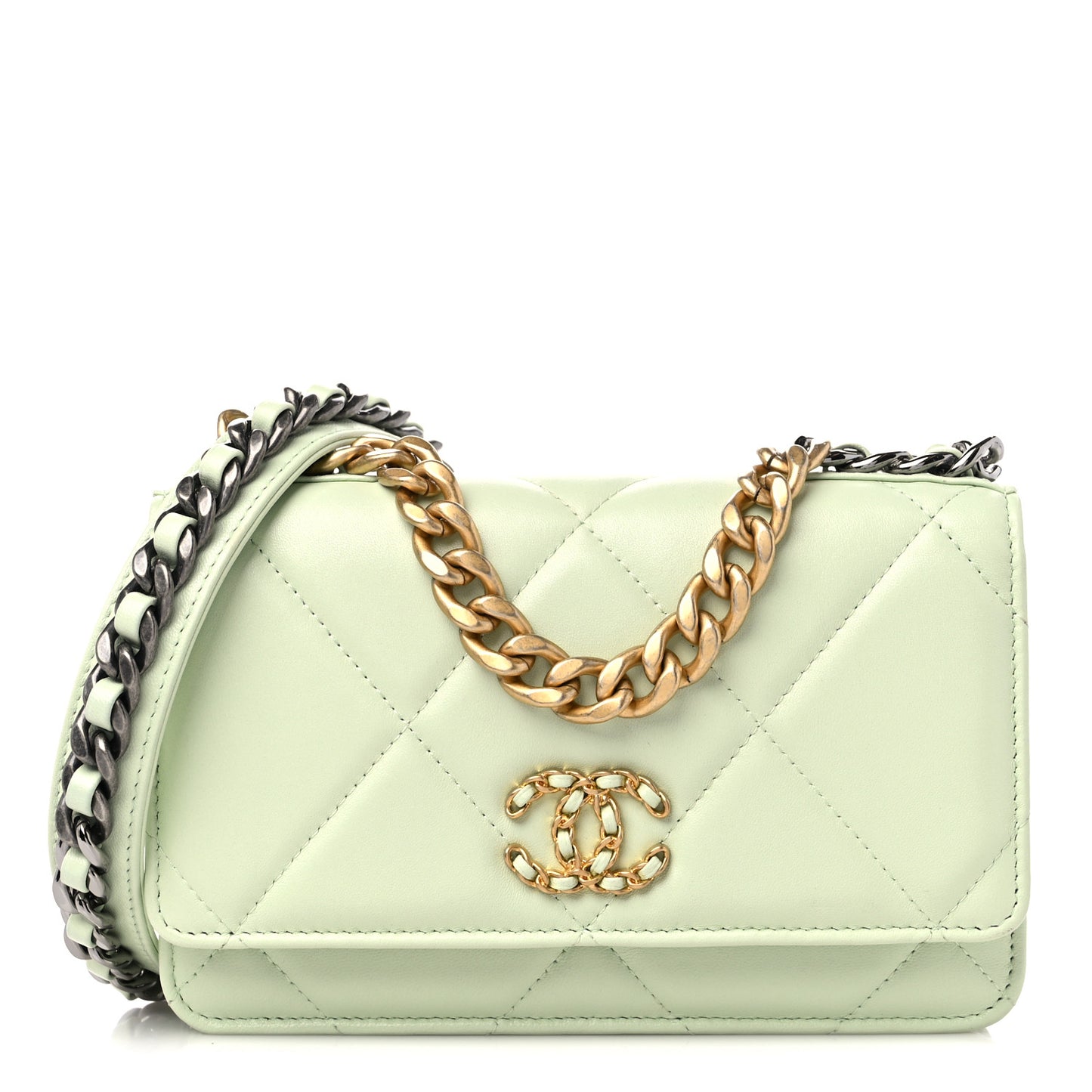 Lambskin Quilted Chanel 19 Wallet On Chain WOC Light Green