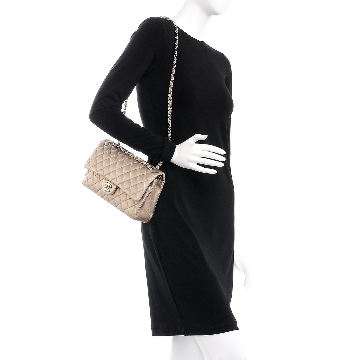 Metallic Lambskin Quilted Medium Double Flap Light Gold