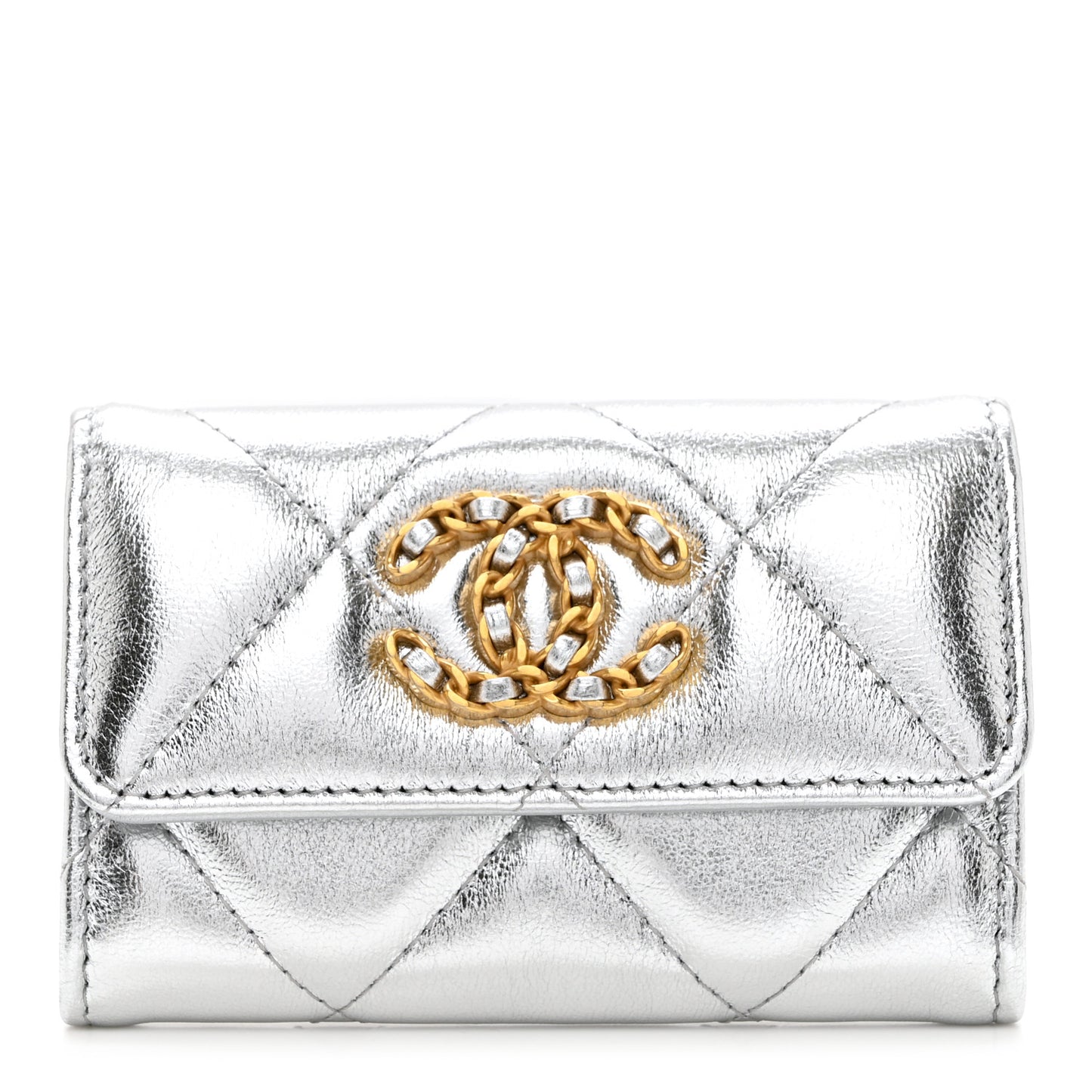Metallic Goatskin Quilted Chanel 19 Flap Card Holder Silver