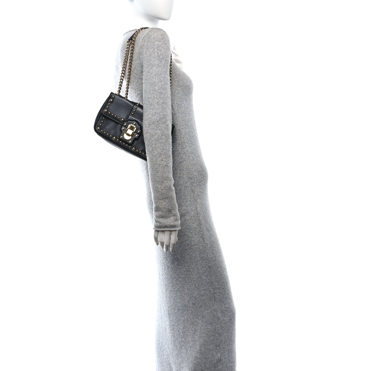 Calfskin Lucia Studded Chain Shoulder Bag Black